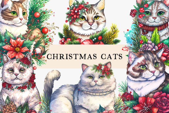Christmas Cats Watercolor Cliparts for Illustrations