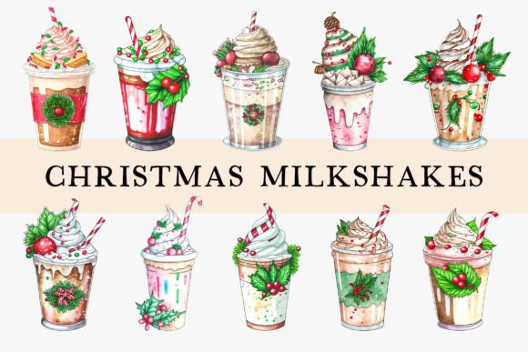 Christmas Watercolor Milkshakes Illustrations