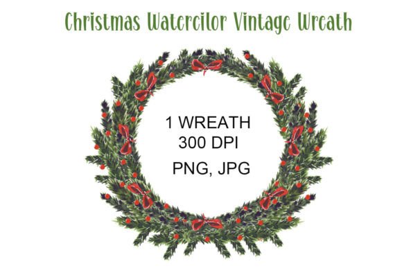 Christmas Watercolor Vintage Wreath Illustrations