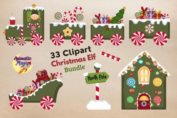 Clipart Christmas Elf Train Bundle Alpha Illustrations