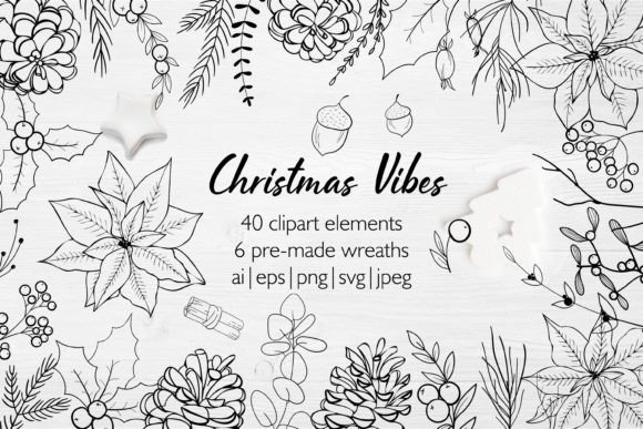 Line Art Christmas Clipart Wreaths for Crafting and Etsy Products