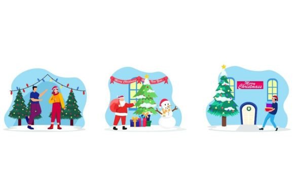 Night Christmas in City Flat Design Illustrations