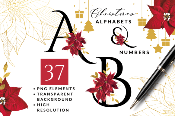 Watercolor Christmas Poinsettia Alphabet for Illustrations