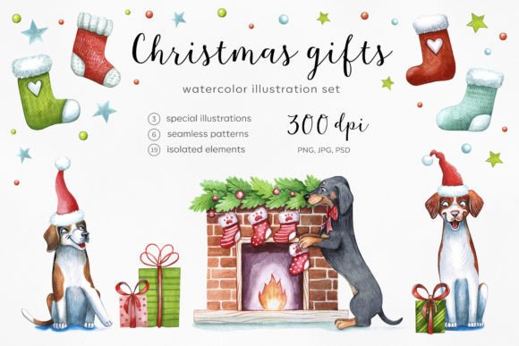 Watercolor Dogs Christmas Illustrations for Handmade Creations